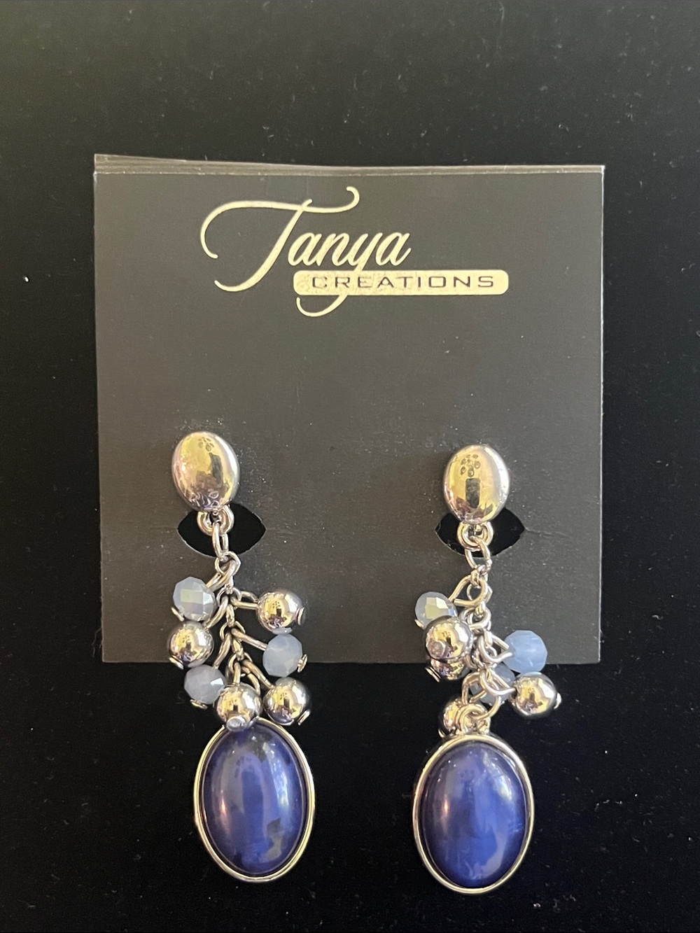 Navy Oval Dangle Clip Earrings